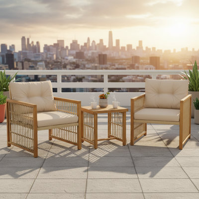 3 PCS Outdoor Acacia Wood Bistro Set, Patio PE Rattan Conversation Set with Armchairs, Removable Cushions & Slatted Coffee Table, Outdoor Table Chair Furniture for Porch Poolside Backyard