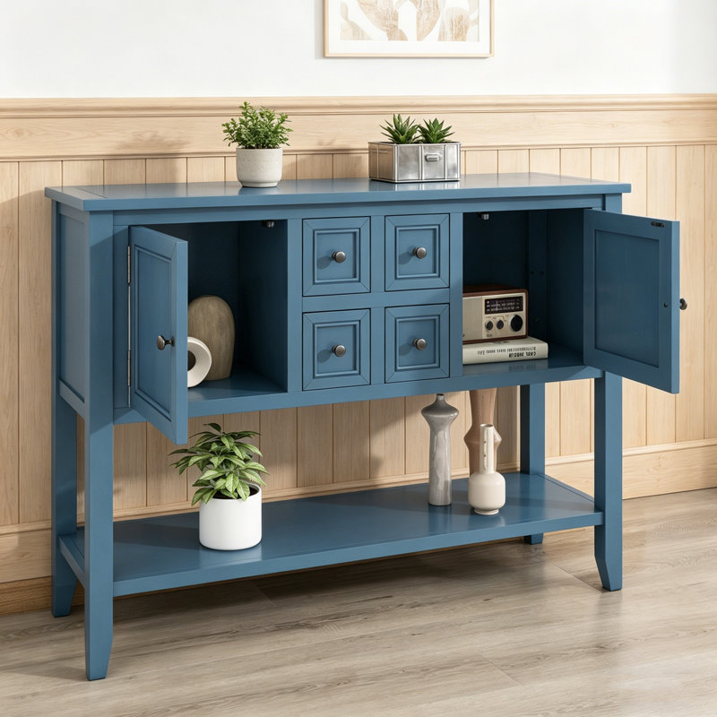 Grande console de rangement rétro Cambridge Series avec quatre petits tiroirs et une tablette inférieure pour le salon
