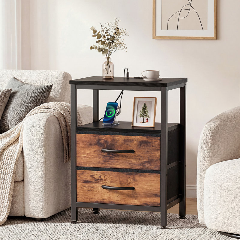 Table de chevet avec station de charge et 2 tiroirs en tissu, table de chevet avec ports et prises USB, table de bout avec tablette ouverte