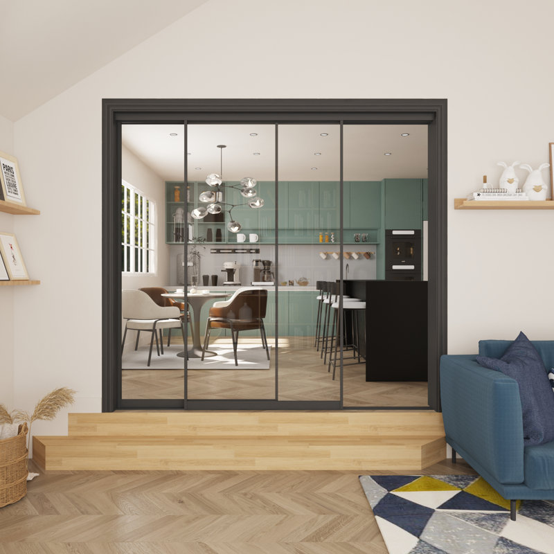 80“H x 72"W 2 Panels Closet And Room Divider​ Black Aluminum Frame Tempered Clear Glass Sliding Closet Door With Hardware Kit  