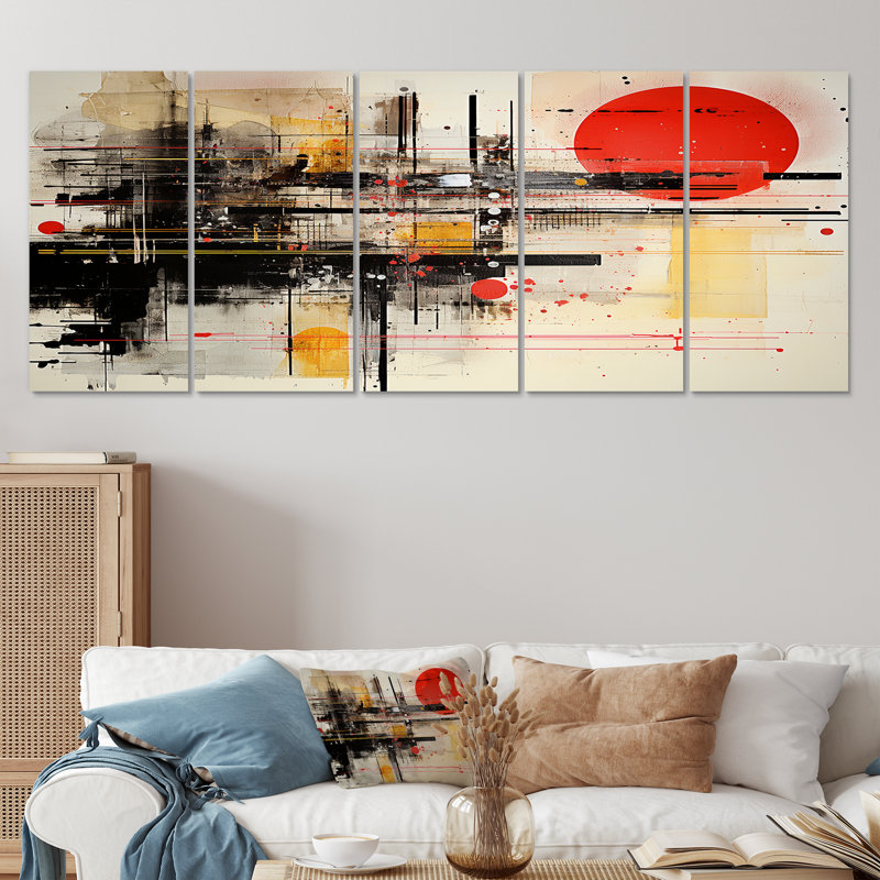 Pleine lune rouge mystère - art mural abstrait paysage pour le salon 5 pièces, H 28 po x l 60 po