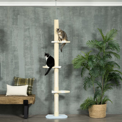 Tour d'amusement pour chat, du sol au plafond, plateformes réglables de 87 à 103 pouces, poteaux à griffer, jaune pour chats 4 places de repos,