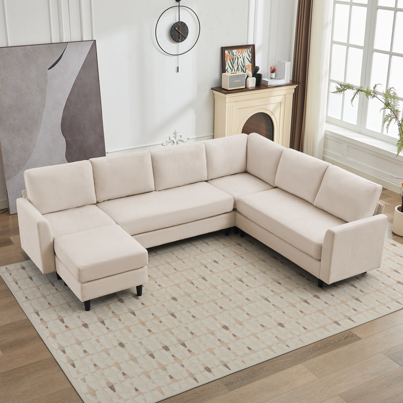 Lyles 107.3" Sectional Sofa With Armrest Black Legs And Moveable Ottoman Seater For 7, Beige Fabric