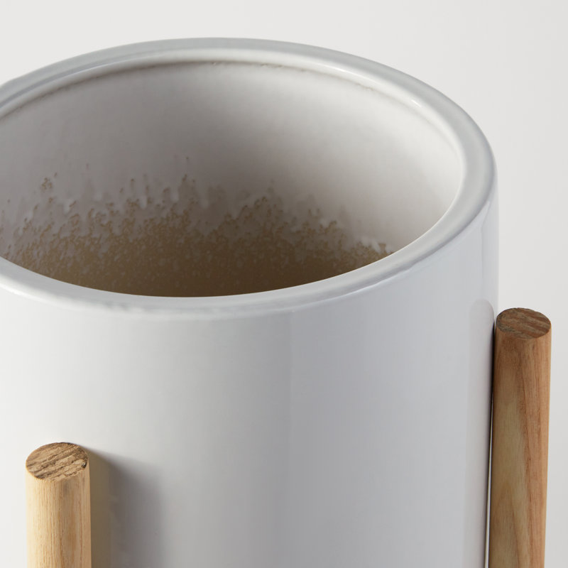 Dominic Pot Planter, White/Beech Natural