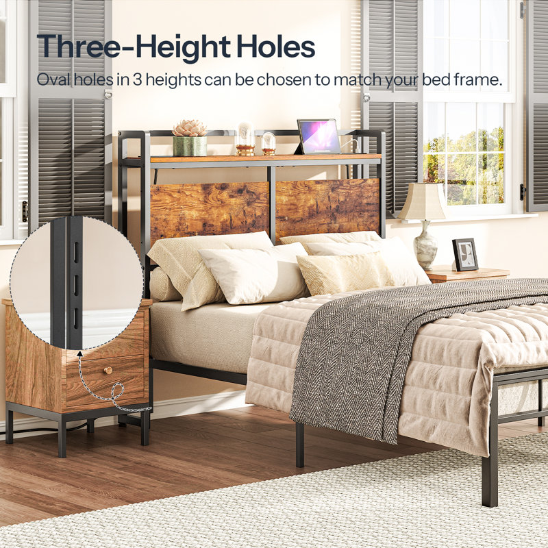 Morano 39.9"H Metal Headboard with Charging Station, Twin, Brown/Black
