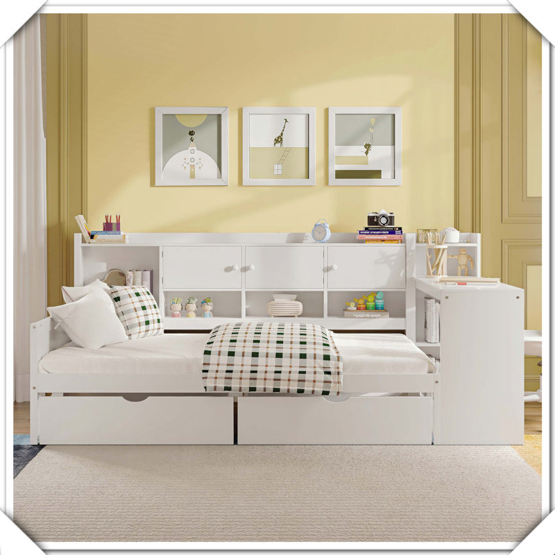 Wooden L-Shape Daybed Storage Cabinets Drawers Study Desk Built-In Bookshelf Multifunctional Design,Twin