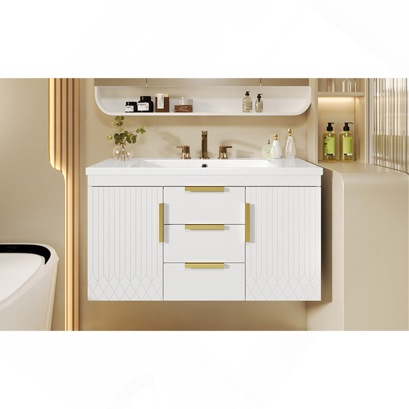 Meuble-lavabo mural 36 po avec lavabo en résine, armoire de rangement flottante avec 2 tiroirs, armoire de salle de bain en bois massif