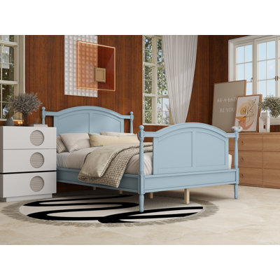 Traditional Wooden Platform Queen Bed Frame, Farmhouse Style Wood Bed with Arched Headboard and Footboard, Cottage Panel Bed Frame with Spindle Posts & Slat Support, No Box Spring Needed, Light Blue