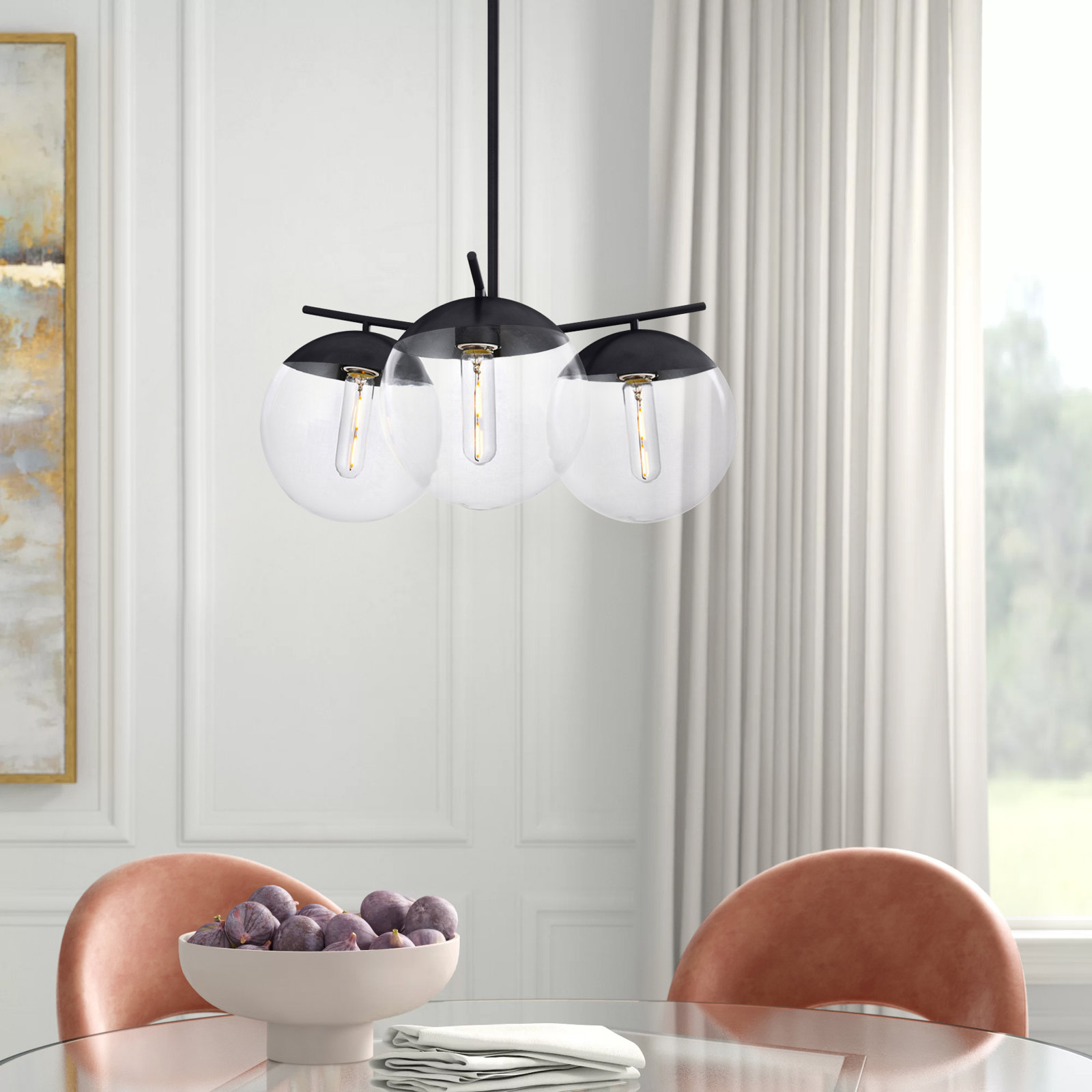Yearby 3-Light Dimmable Globe Chandelier, Black, Clear