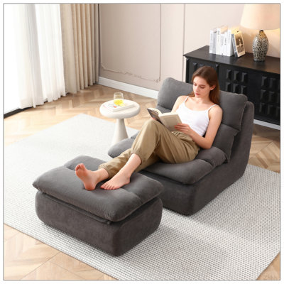 Fauteuil à billes 32 po avec repose-pieds, grande chaise longue pour adultes, canapé rembourré capitonné pour le salon, la chambre à coucher, gris