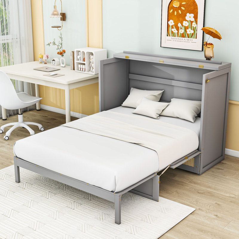 Lit escamotable en bois avec tiroirs, Gris, Double