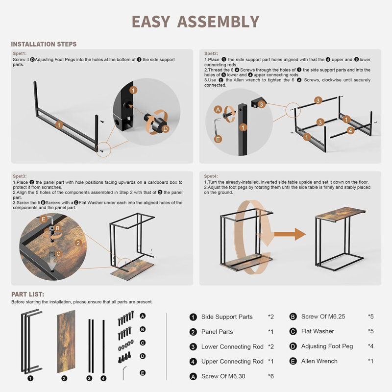 Table de bout industrielle en forme de C avec structure en métal, table basse compacte pour le salon, la chambre à coucher, le bureau et les petits espaces