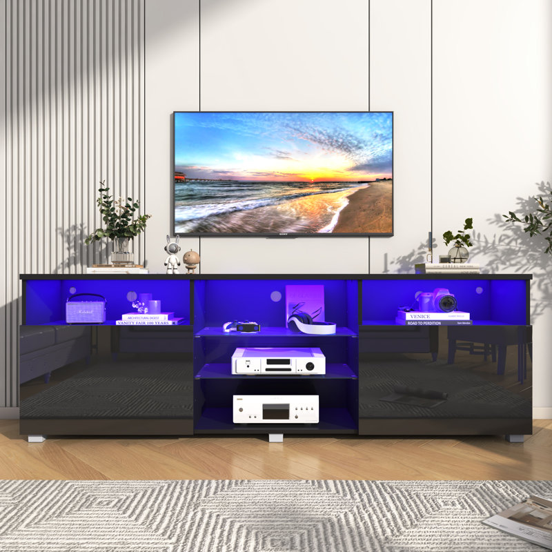 71In High Glossy Led Tv Stand For 75Inch Tv,  With Adjustable Storage Shelf,Rgb Led Lighting, Black