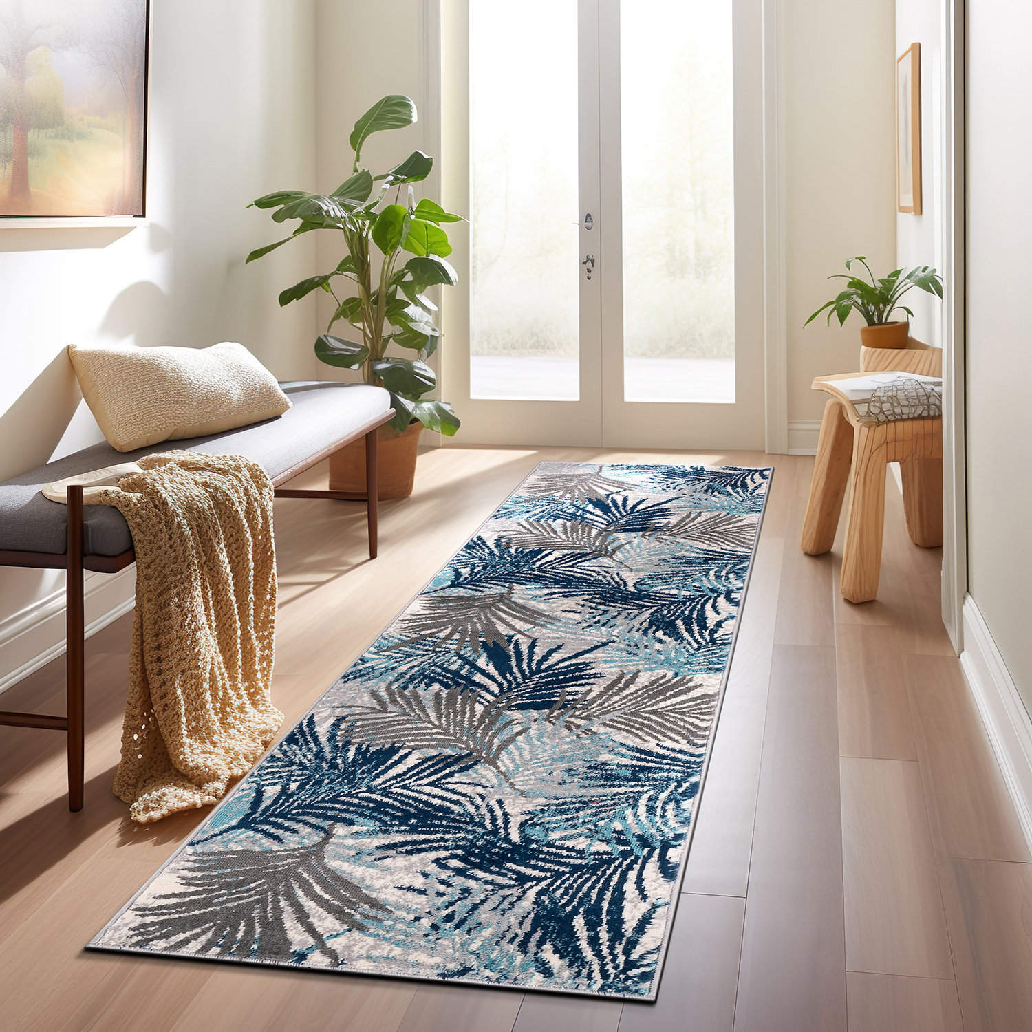 Beachcrest Home™ Beliveau Floral Performance Blue/Gray/Ivory Rug