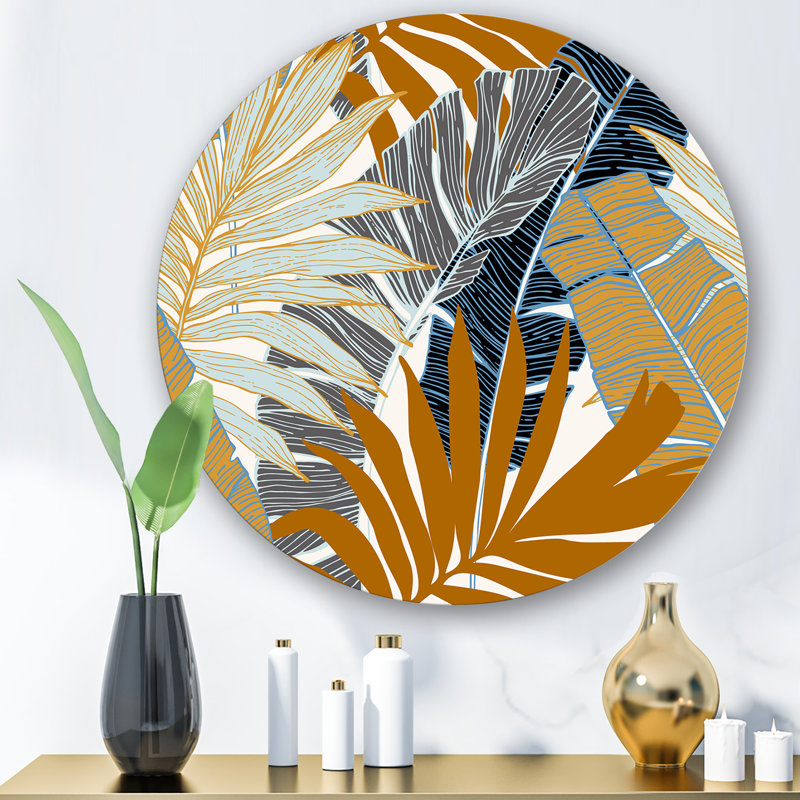 Abstrait tropical, palmier et feuilles de bananier - art mural moderne en métal, H 11 po x l 11 po x p 1 po