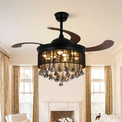 42" Crystal Invisible Ceiling Fan Light with Remote Control, Retractable Blades
