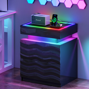 Motion Sensor RGB Light Bedside Table with Tempered Glass Top and Hidden Storage