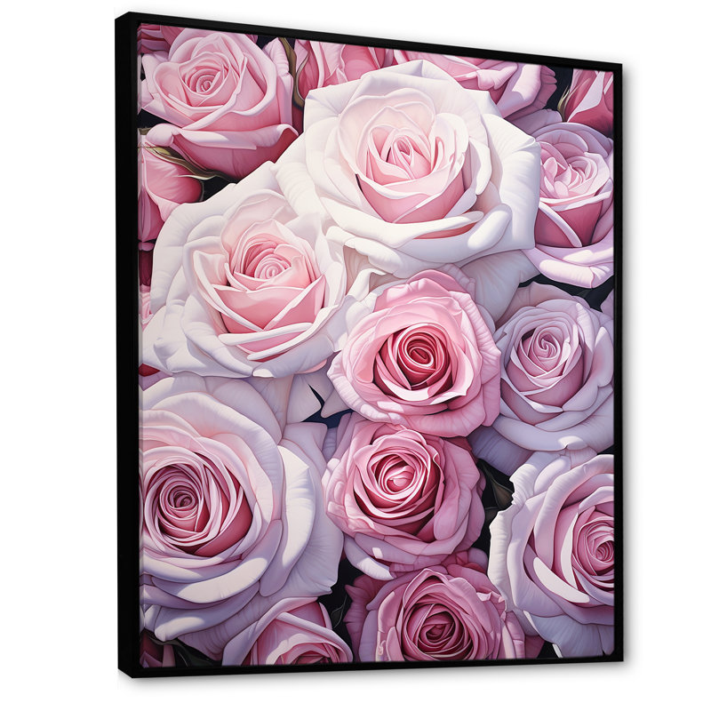 Minimalisme roses roses sur toile, Cadre flottant noir, H 44 po x l 34 po x P 1,5 po
