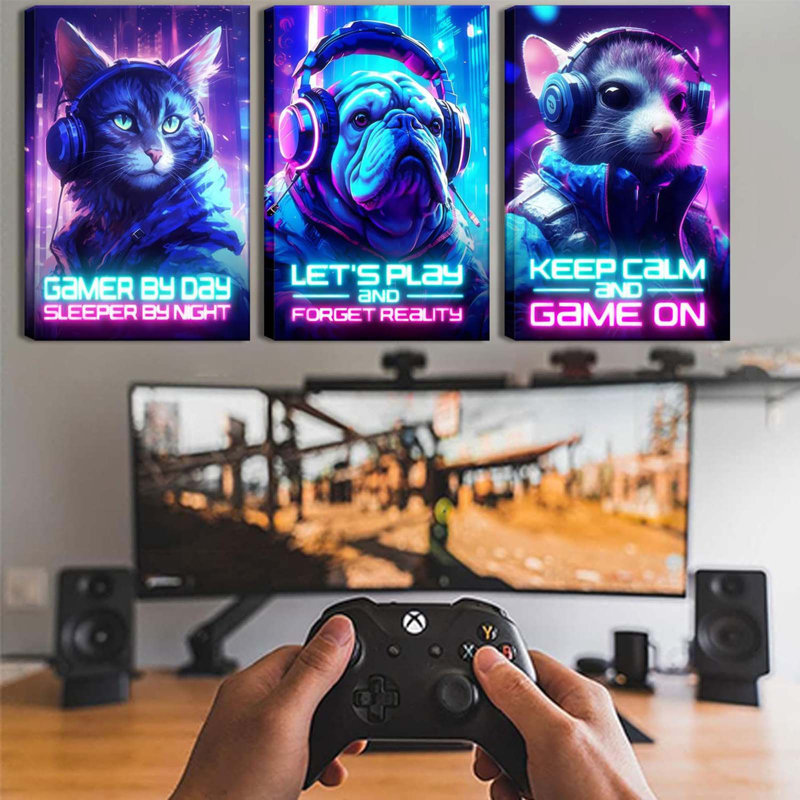 Framed Gamer Themed Wall Art With Neon Cats And Dog, Set Of 3 Framed Prints, Video Game Decor Room Posters For Bedroom Gaming Wall Art For Kids Playroom Posters Gamer Picture Teen Bedroom12 X 16 Inchesx3