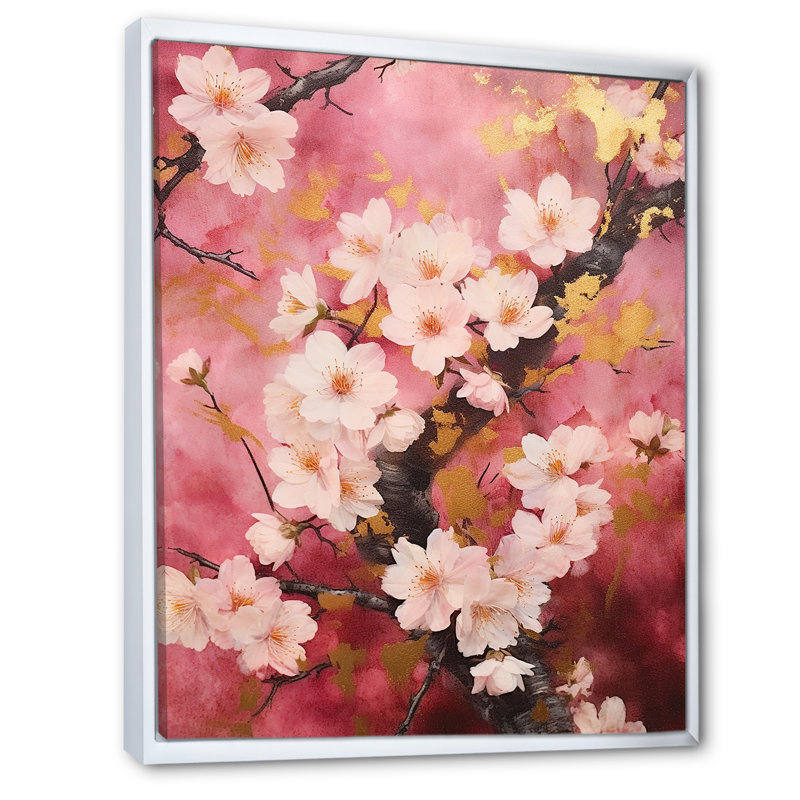 «Cherry Blossoms», collage rose foncé sur toile, Cadre flottant blanc, 20" H x 12" W