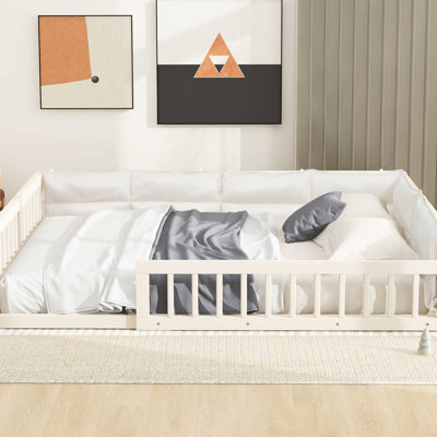 Lit double tapissier pleine grandeur avec garde-corps et coussin moelleux - plateforme stable en bois massif