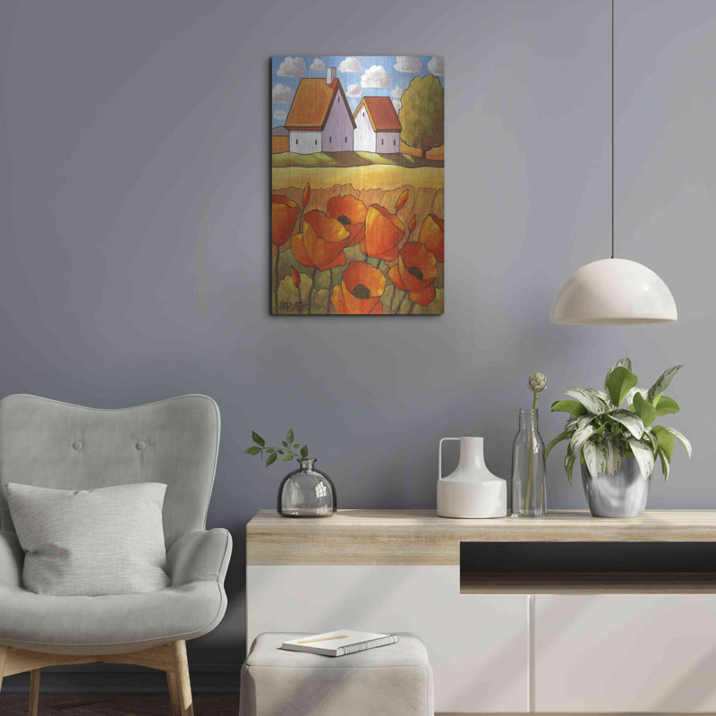 «Red Flower Fields Landscape» par Cathy Horvath-Buchanan, art mural en métal, 16 po x 24 po