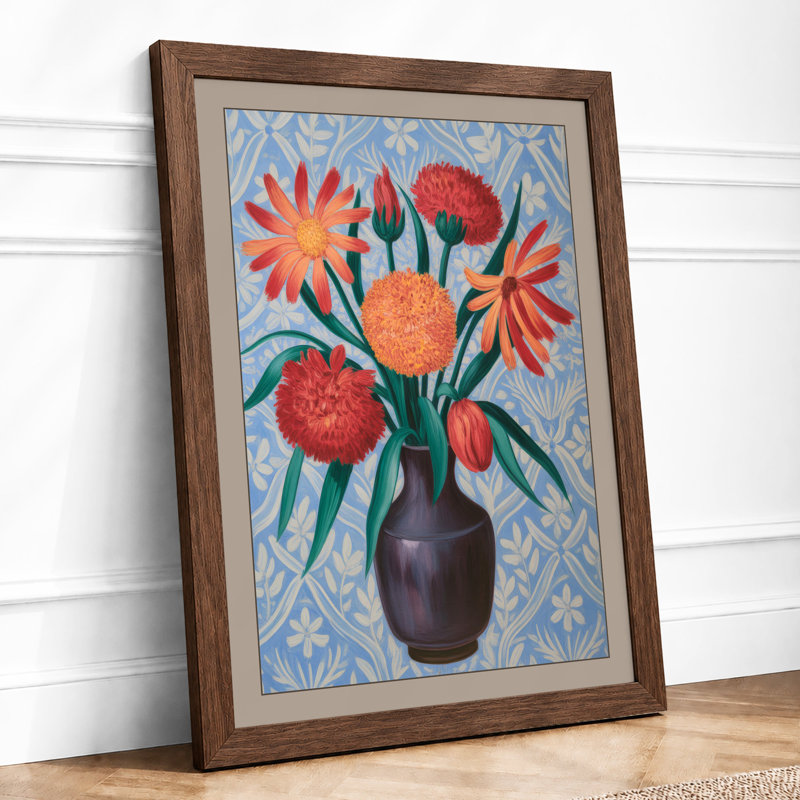 Vibrant Floral Arrangement Botanical - Framed Print, A2 - 59.4 x 42.0 cm, Walnut