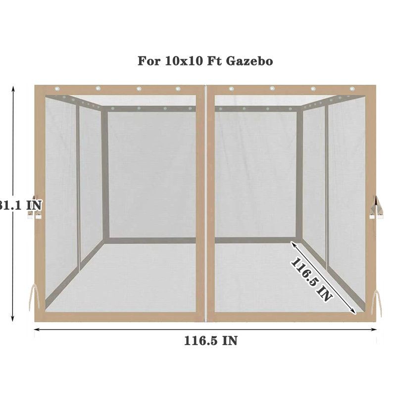 Filet de remplacement pour pavillon de jardin 10 pi x 10 pi, maille murale à 4 fermetures à glissière, beige, taille 116,5 po x 81,1 po, attaché par deux sangles de fixation filet latéral, l, P, H, attaché facilement sur les anneaux et les coins