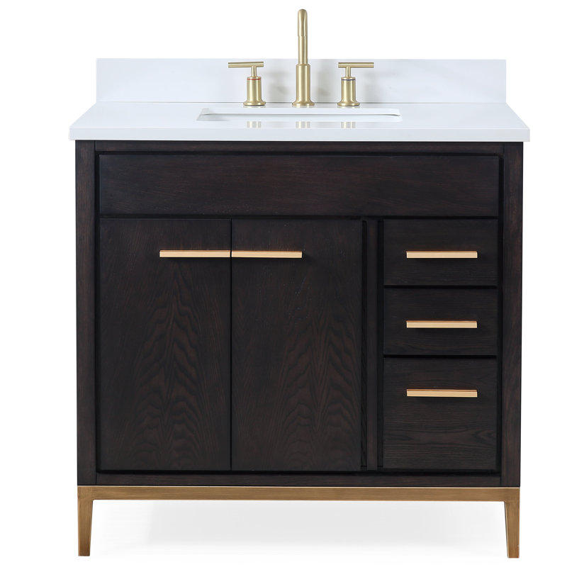 Tennant Brand 36 Inch Modern Freestanding Wenge Beatrice Bathroom Vanity, Single Sink, White Quartz Top, Fully Assembled