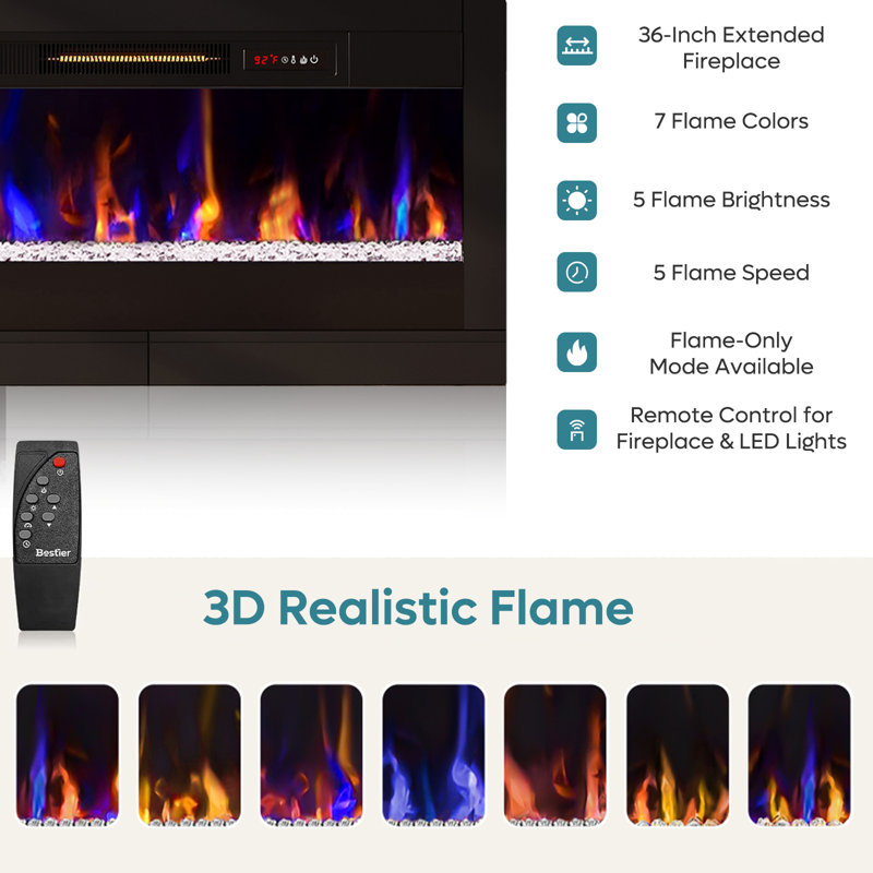 70"W Fireplace TV Stand for TVs to 80" with 36"W Electric Fireplace Heater, Overheat Protection, Timer, Black Marble