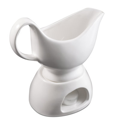 Saucière en porcelaine avec support et bougie, blanc