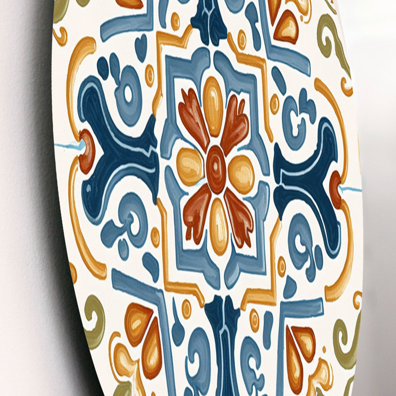Carrelage méditerranéen rétro bleu II - tuile abstraite ronde, art mural sur métal, L 16 po x H 16 po
