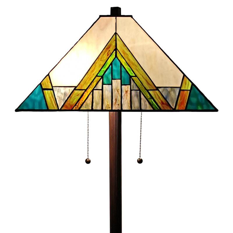 62" Two Light Traditional Shaped Floor Lamp With Geometric Stained Glass Empire Shade, Beige/Brown