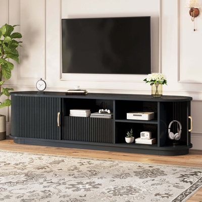 Armoire de divertissement rustique rétro avec portes coulissantes en bois à lattes, console multimédia à grain de bois avec tiroir et gestion des câbles pour la chambre à coucher et le salon