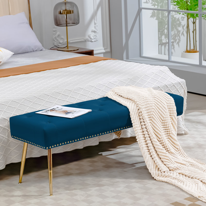 Banc rembourré en velours Chereese, Bleu marine