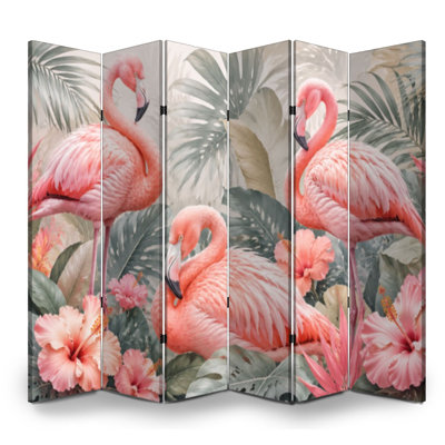 Paravent 6 panneaux à cloisons pliantes Hibiscus rose royal Toile tropicale Séparateur de pièce sur pied