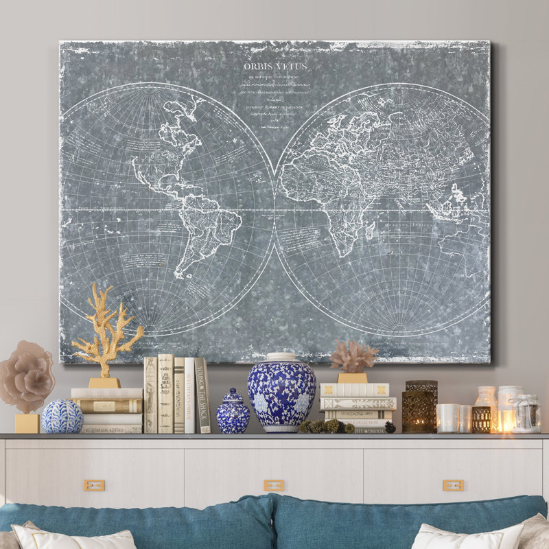 Carte du monde galvanisé-impression sur toile tendue, H 40 po x l 30 po x P 1 po