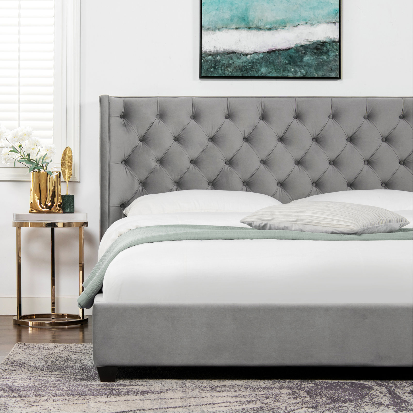 Naveen Linen Upholstered Wingback Bed, Opal Gray Velvet