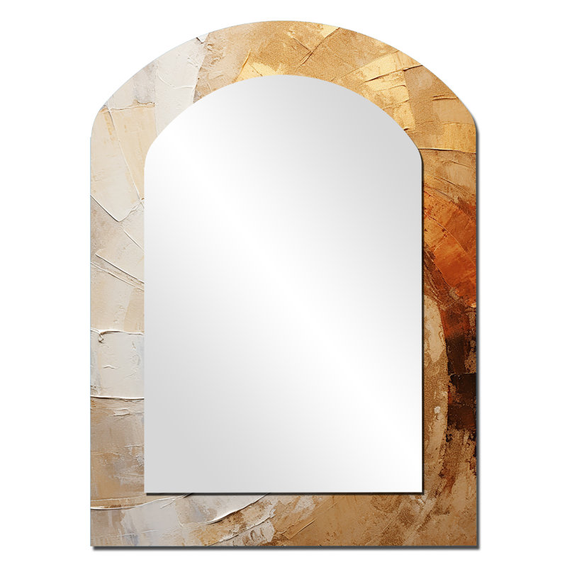 Gold Beige Spiral Poteries - Abstract Spirals Arch Mirror, Beige Asymmetrical Decorative Wall Mirror, Printed Metal Art