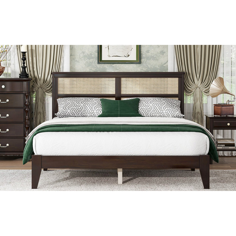 Headboard Queen Size Solid Wood Bed - Stylish Wooden With Captivating Color Tone, Espresso, Queen