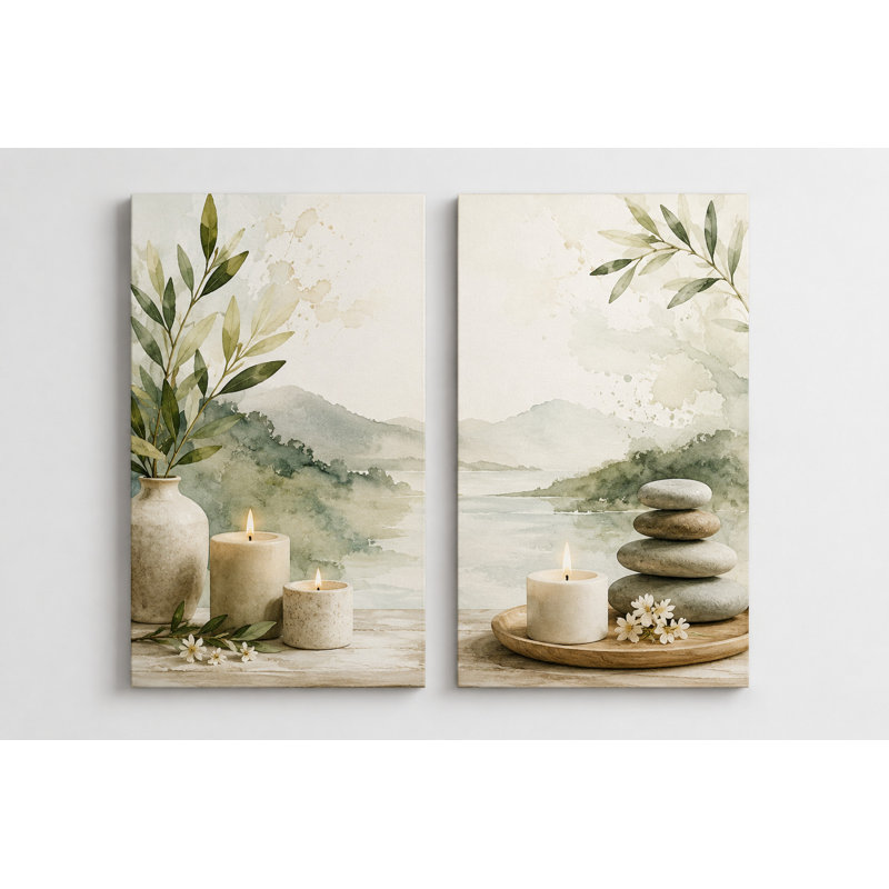Grand ensemble de 2 impressions sur toile botaniques à l'aquarelle Zen