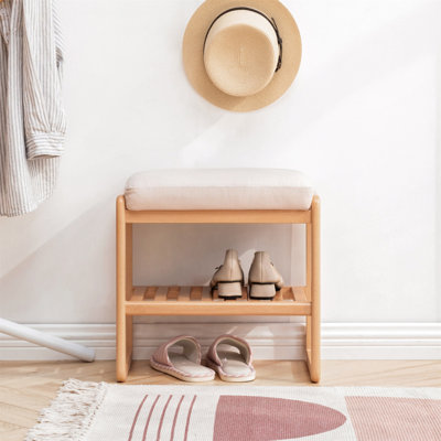 Banc à chaussures en bois massif naturel, organisateur de rangement en bois de hêtre avec coussin éponge à rebond élevé
