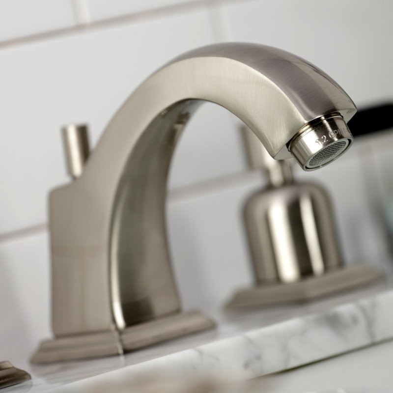 Kingston Brass Kaiser Two-Handle 3-Hole Deck Mount Widespread Bathroom Faucet with Brass Pop-Up Drain, Satin Nickel