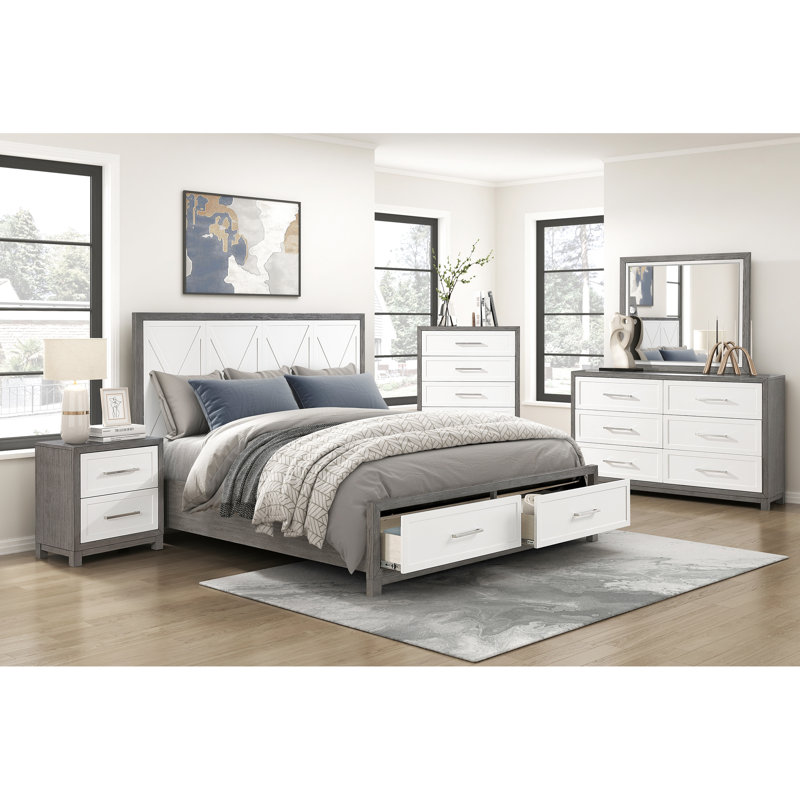 Grand lit plateforme avec rangement et rangement dans la chambre grise