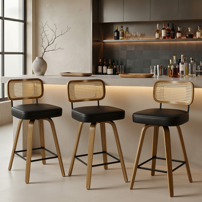 Adianey Swivel Upholstered Rattan Back Counter & Bar Stool, Black, Counter Stool (26" Seat Height), Brown