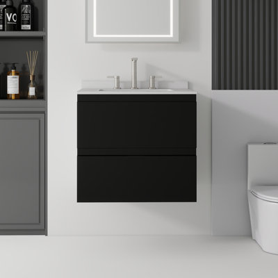 Meuble-lavabo flottant 24 po avec lavabo, meuble-lavabo mural en contreplaqué, tiroirs à fermeture en douceur, comptoir et dosseret en marbre de culture blanc granit, noir