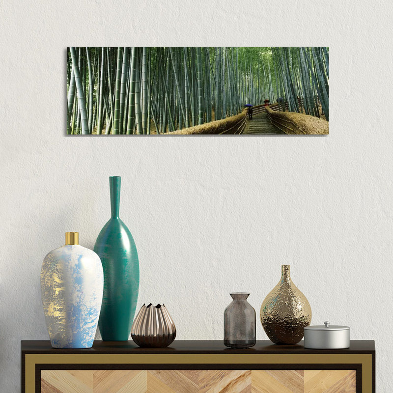 Stepped Walkway Passing Through A Bamboo Forest, Arashiyama, Kyoto Prefecture - Wrapped Canvas Panoramic Print