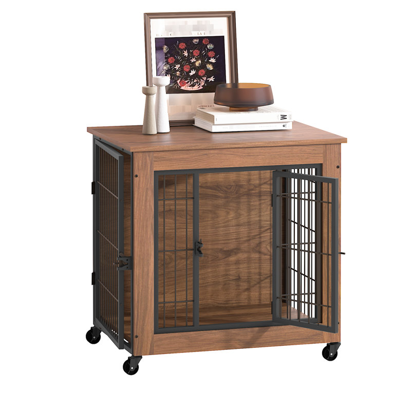 Cage pour chien robuste 27,2 "pour petits chiens avec roues et portes doubles, chenil d'intérieur, table de bout en bois pour cage d'animal, chiens de sécurité, meubles à structure visible - portes en métal, puits