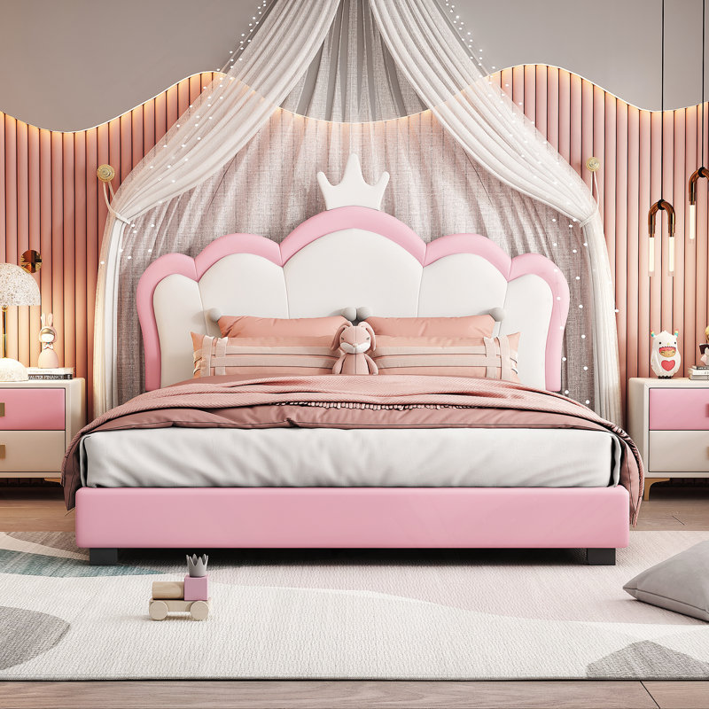 Calton Upholstered Princess Bed With Crown Headboard, Twin, White/Pink