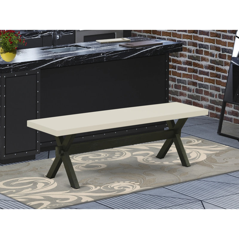 X-Style Modern Dining Table Bench with Wood Seat, Wire brushed Black Finish., 18" H x 15" W x 60" D, Linen White/Black